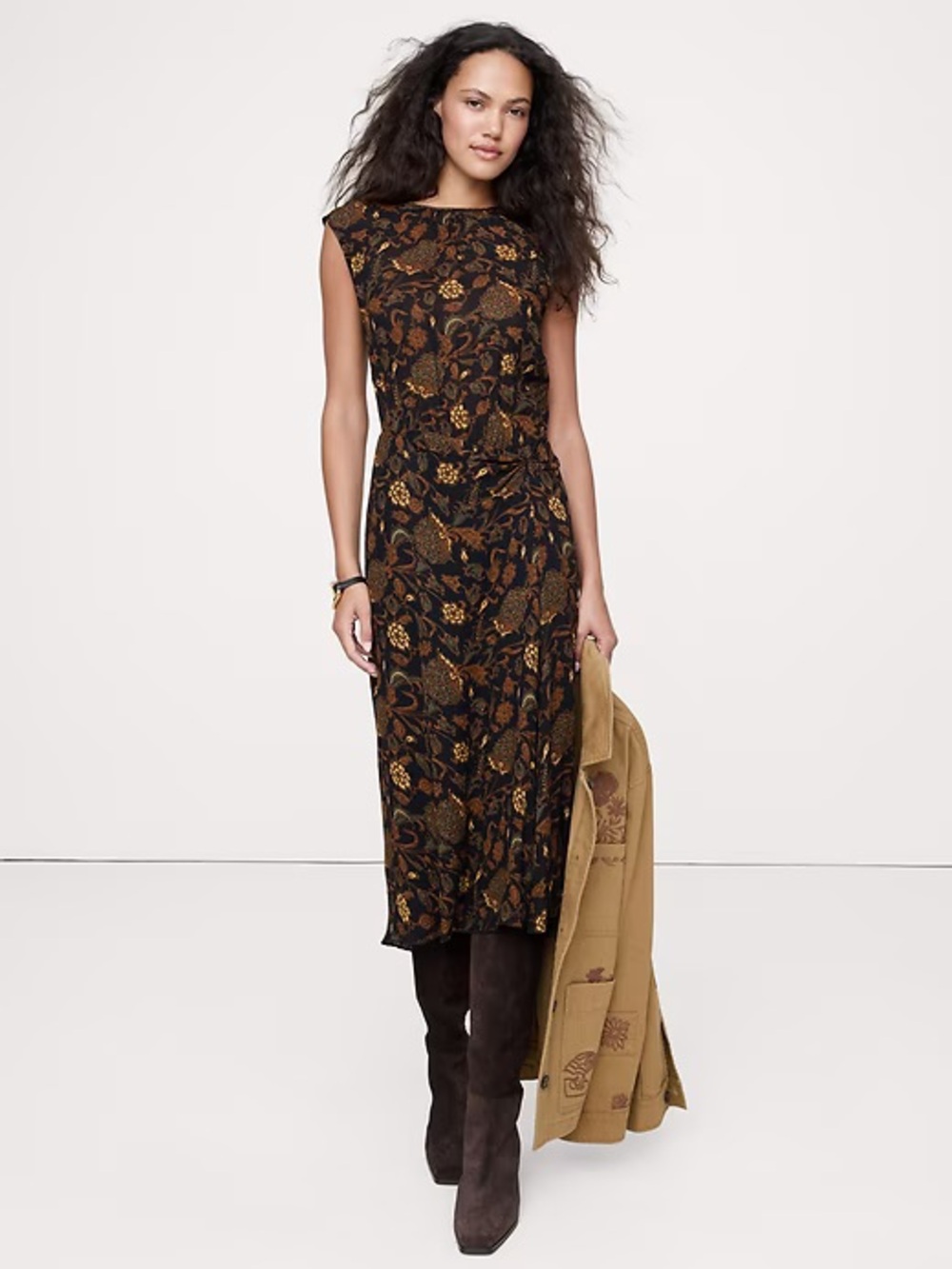 NEW! Banana Republic Low-Back Midi Dress Black Floral Botanical 🔗